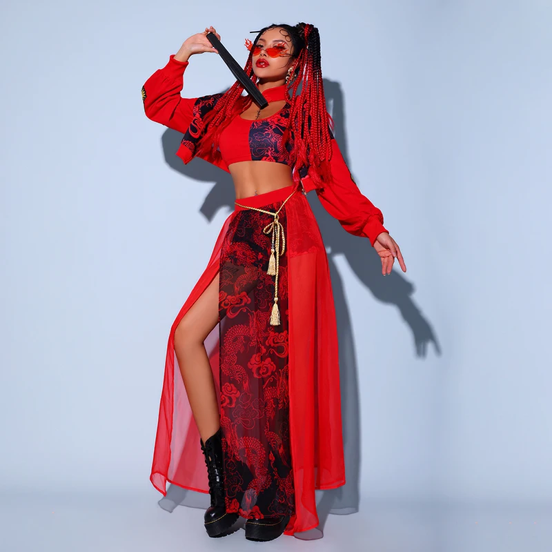 Chinese Style Women\'S Jazz Performance Clothes Red Festival Outfits Hip Hop Clothes For Adults Gogo Dance Stage Costumes DQS6259