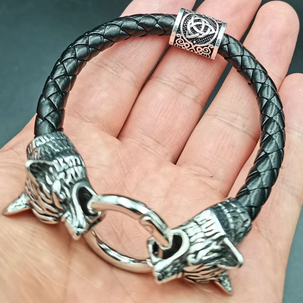 Viking rune bead Wolf Head Bracelet Stainless Steel Animal head Leather Bracelet For Women men gift