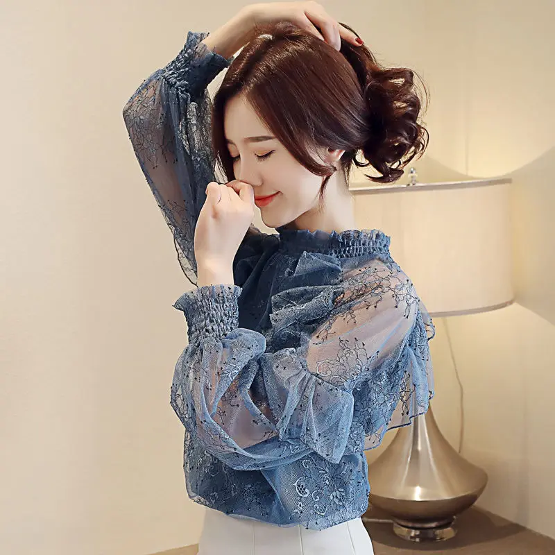 Elegant Blouses Lace Gauze Ruffles Shirt Office Lady Commute Pullovers Hook Flower Hollow All-match Loose Vintage Women Clothing