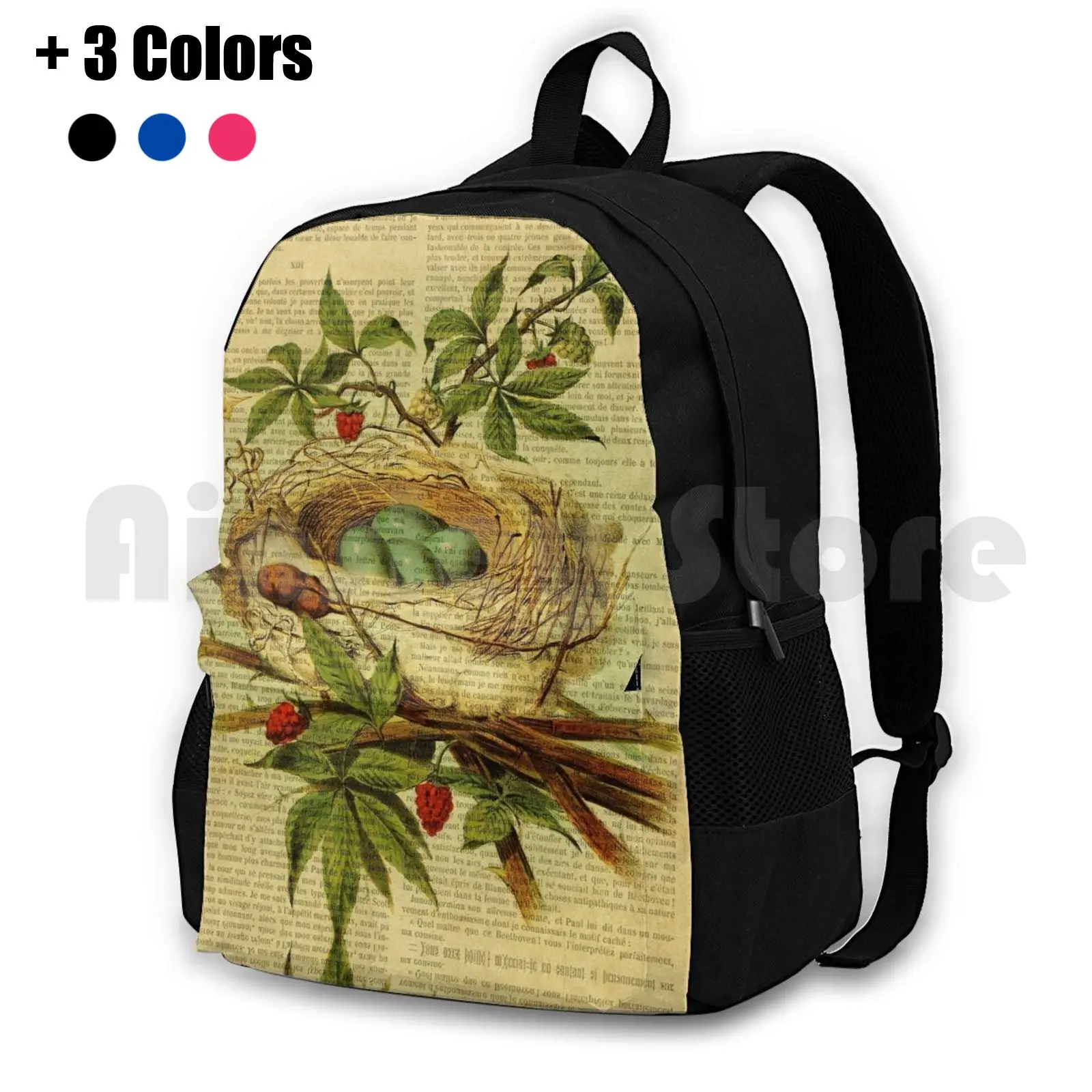 Vintage Print , On Old Book Page-Bird Nest Outdoor Hiking Backpack Riding Climbing Sports Bag Botanical On Old Book Page Nest