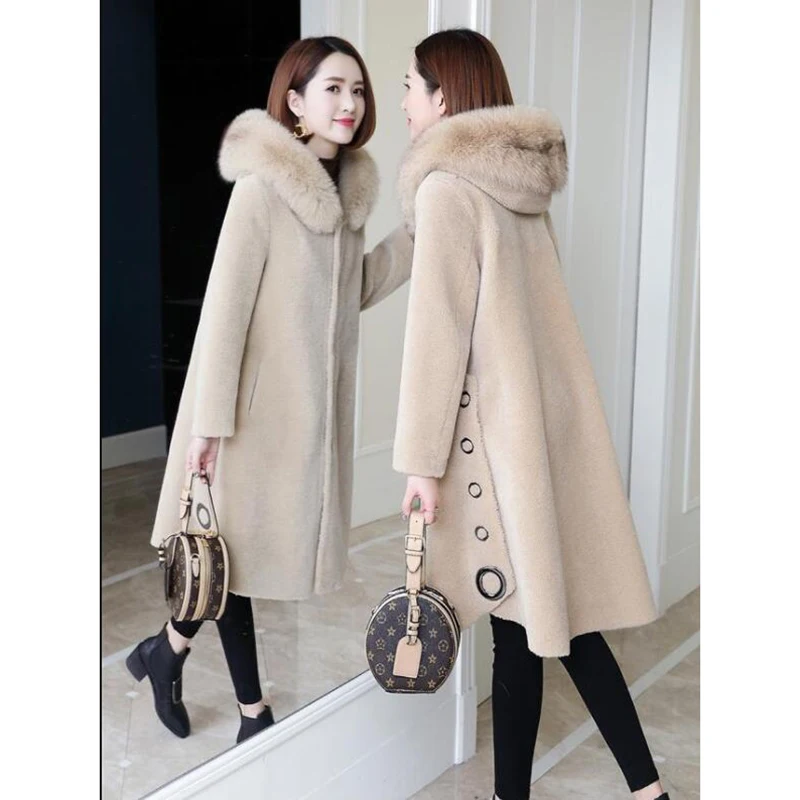 Granular Sheep Shearing Coat Women\'s Mid-Length 2023 Winter New Fox Fur Hooded All-In-One Faux Fur Clothing Jacket L33