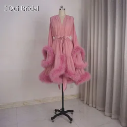 Chiffon Short Feather Robe Bride Get Ready Dress Morning Pajamas Birthday Wear Prom Party Gown