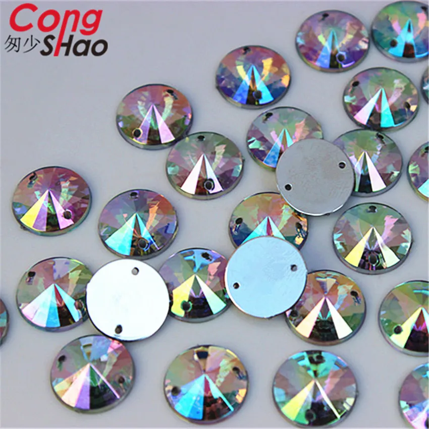 Cong Shao 100Pcs 12mm Round shape Crystals AB Rhinestone trim Flatback sewing 2 Hole Stones Acrylic For DIY Wedding Dress 8Y277