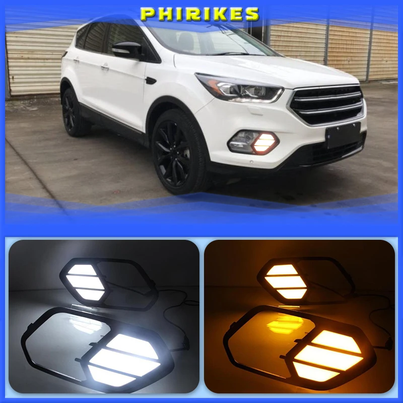 

Светодиодные дневные ходовые огни для Ford Escape Kuga 2016 2017 2018 2019, желтые Сигналы поворота, водонепроницаемые Автомобильные светодиодные дневные ходовые огни 12 В, 2 шт.