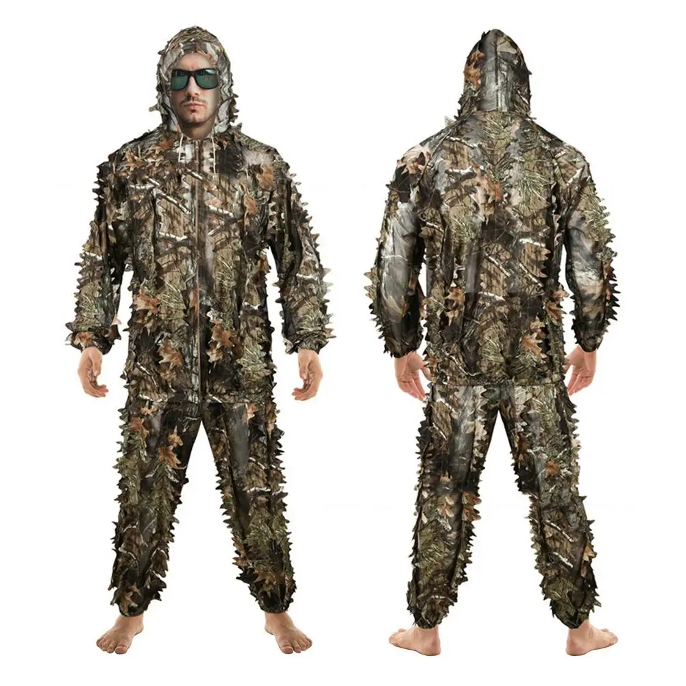 Men Women Outdoor Ghillie Suit Camouflage Clothes Jungle Suit CS Training Leaves Clothing Hunting Suit Pants Hooded Jacket