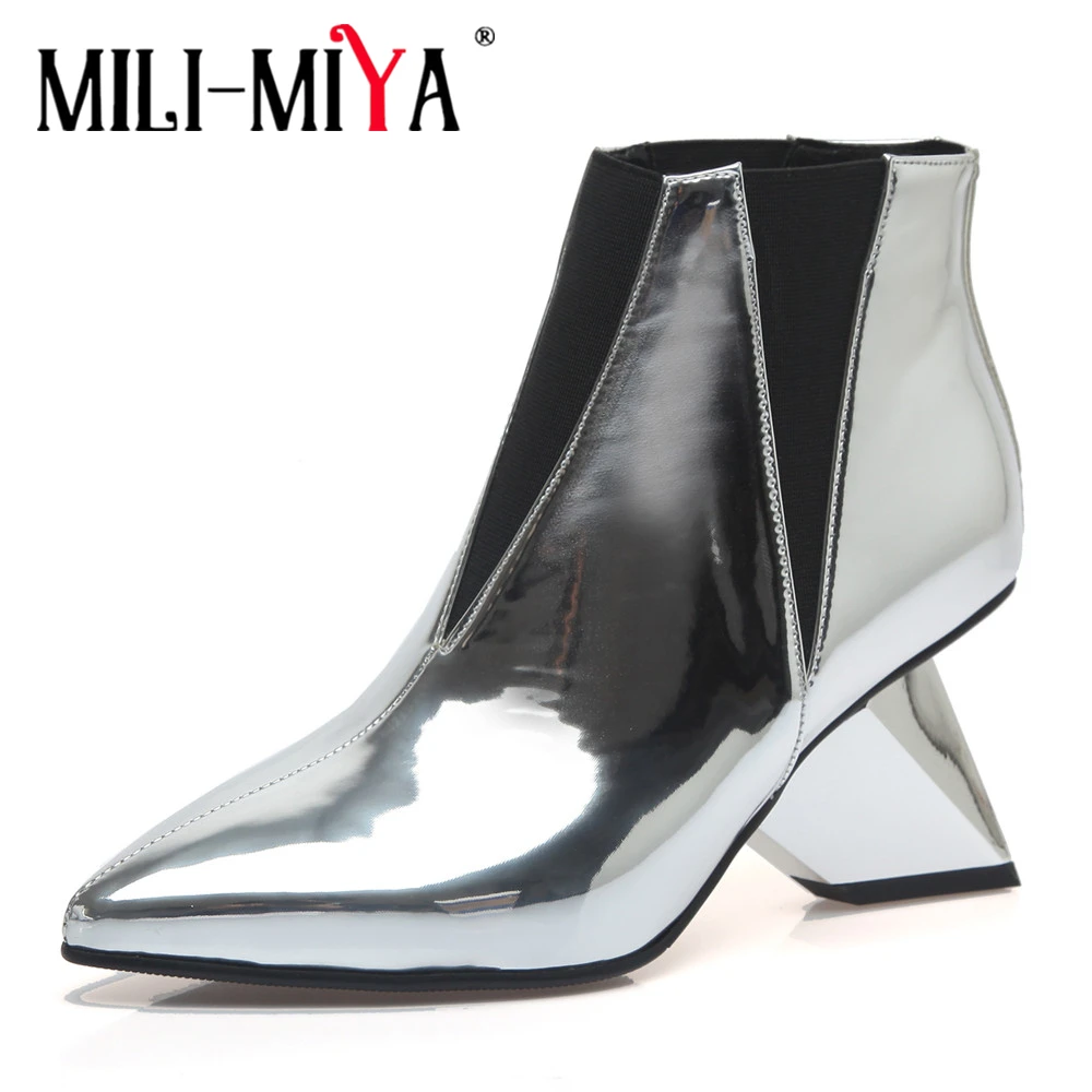 MILI-MIYA moda dziwne obcasy damskie ze skóry lakierowanej botki szpiczasty nosek Slip-On buty wiosenne jesienne dla pań rozmiar 34-39