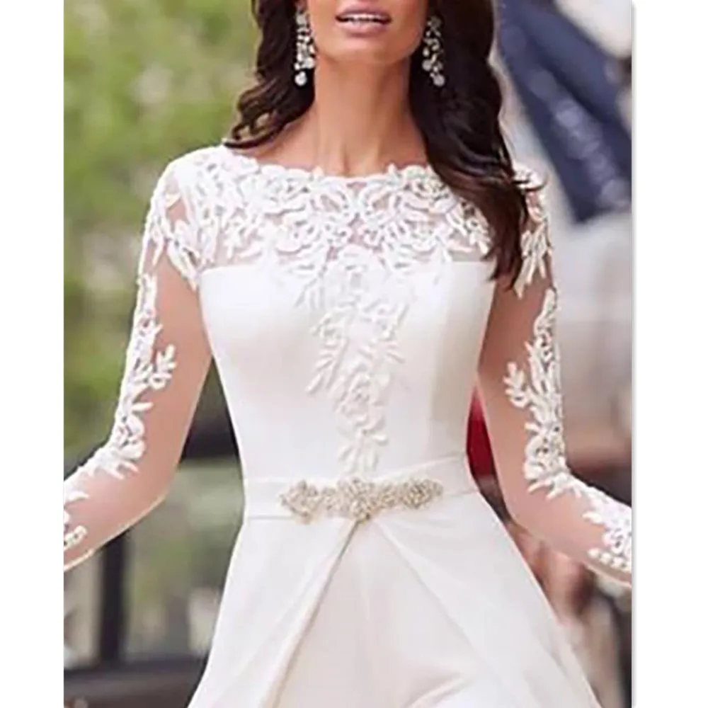 Jumpsuit Lace Wedding Dresses With Detachable Train Long Sleeves O-Neck Formal Bridal Gowns Beaded Vestidos De Novia Customized