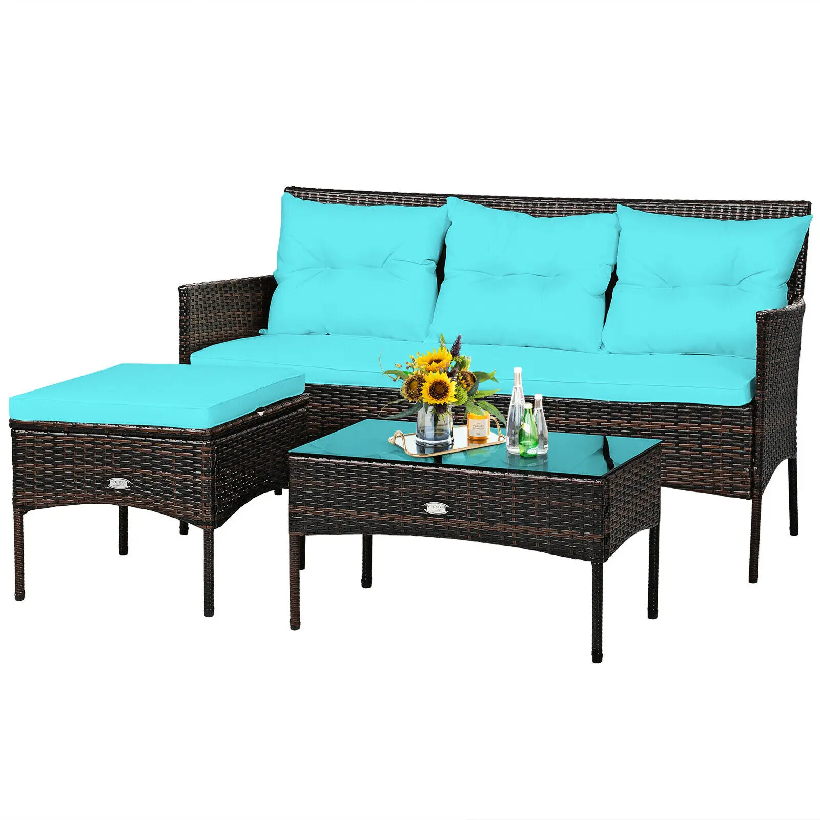 Patiojoy 3PCS Patio Rattan Furniture Set 3-Seat Sofa Cushioned Table Turqouise  HW67714TU