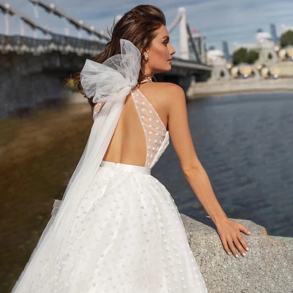 Elegant V คอจุด A-Line ชุดแต่งงาน2022เซ็กซี่ Backless Tulle ชุดเจ้าสาวยาวผ้าพันคอโบว์แขนกุด Robe De Mariée