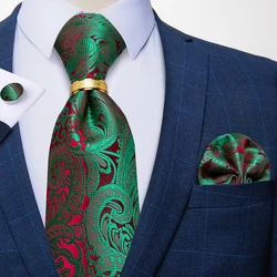 100% Jacquard di seta Tessuto Verde Rosso Paisely Floreale Cravatta Uomo di Lusso 8 centimetri Affari Festa di Nozze Cravatta Set Hanky Cravatta anello DiBanGu