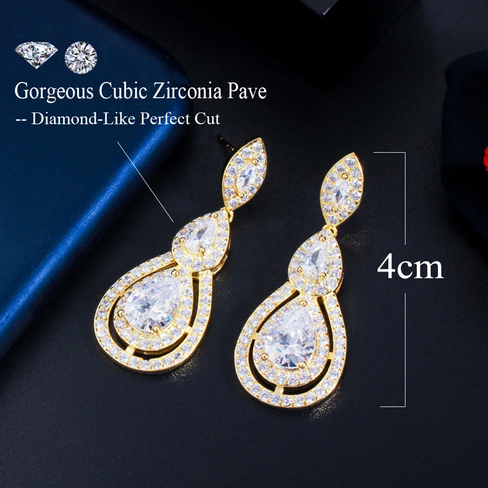 Pera Rose Gold Colour CZ Stone Dangle Big Water Drop Long Crystal Bridal Earrings for Brides Wedding Party Jewelry Brinco E740