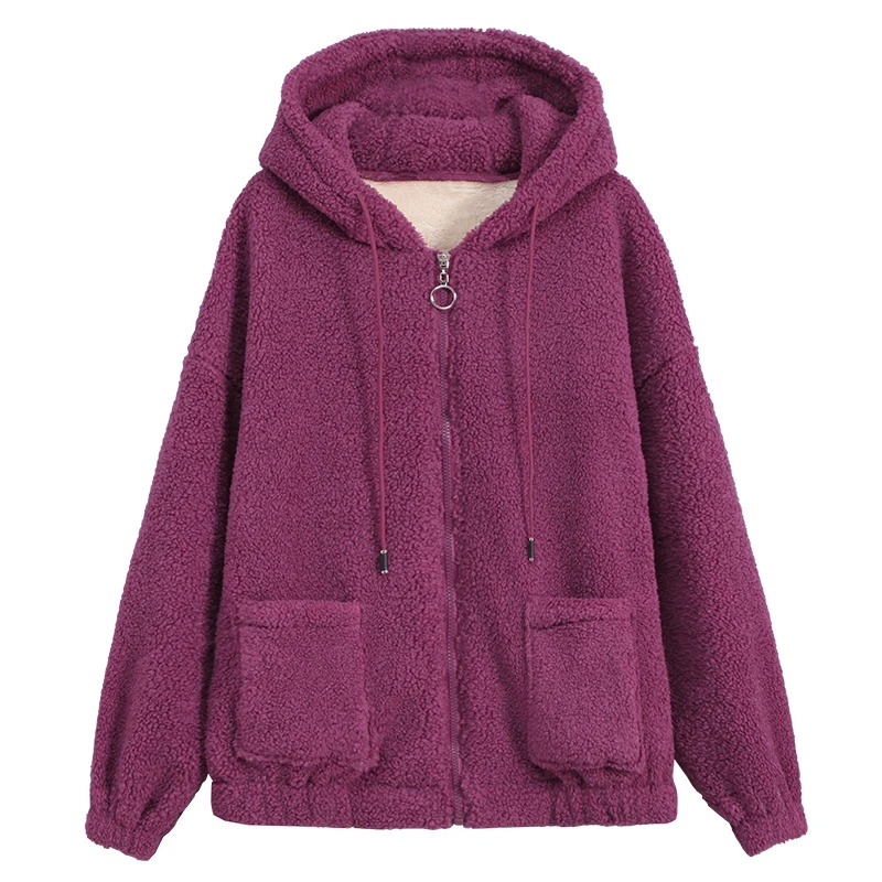 

Fashion Lamb Wool Women Harajuku Hoodie 2021 Zipper Solid Color Thick Long Sleeve Lady Clothes Bean Paste Red Sweatshirt Female