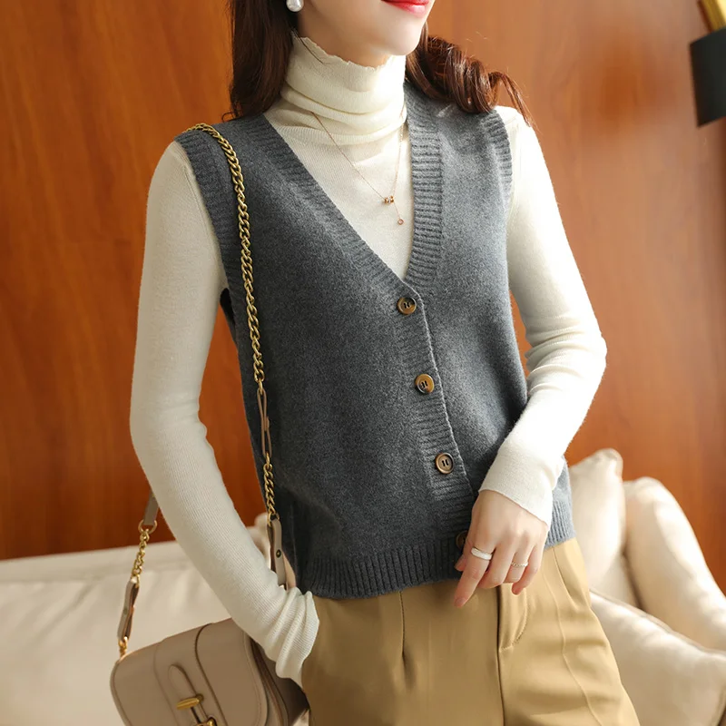 New Hot Sale Women 100% Wool V-Neck Cardigans Vest Sleeveless Sweater Autumn Winter For Female Soft Outwear Solid Vest Tops