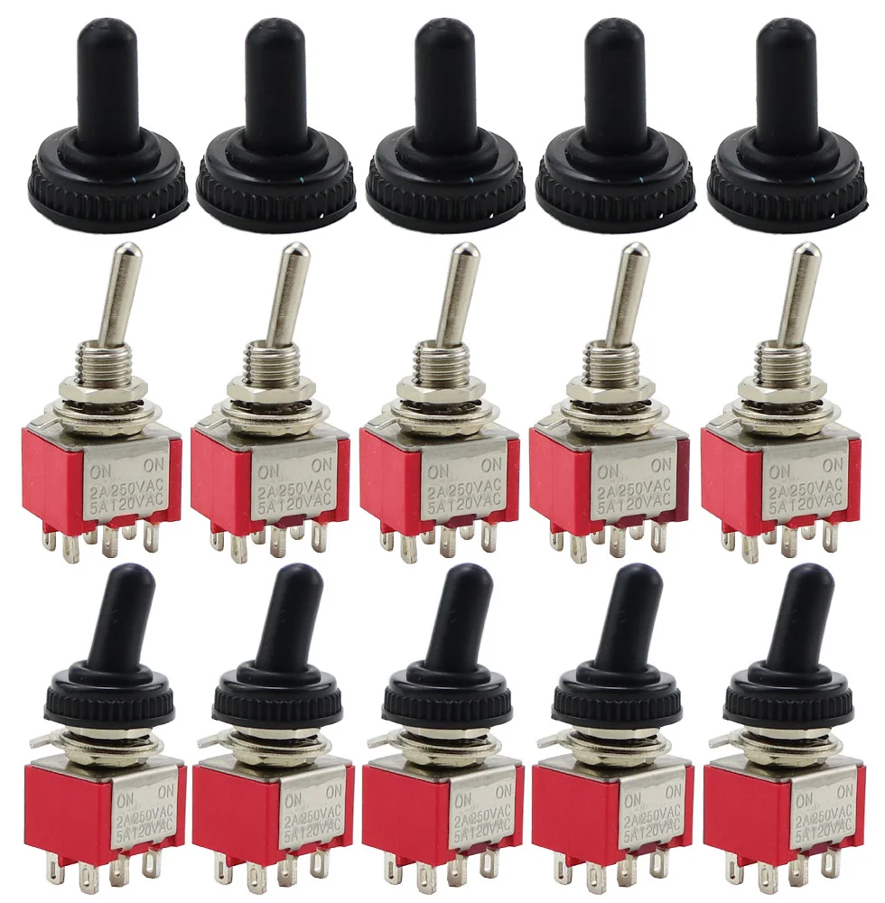 

High quality 5pcs MTS-202 203 Red Toggle Switch 5A 125VAC on on SPDT 6mm Mini switch DPDT on off on Waterproof Cap