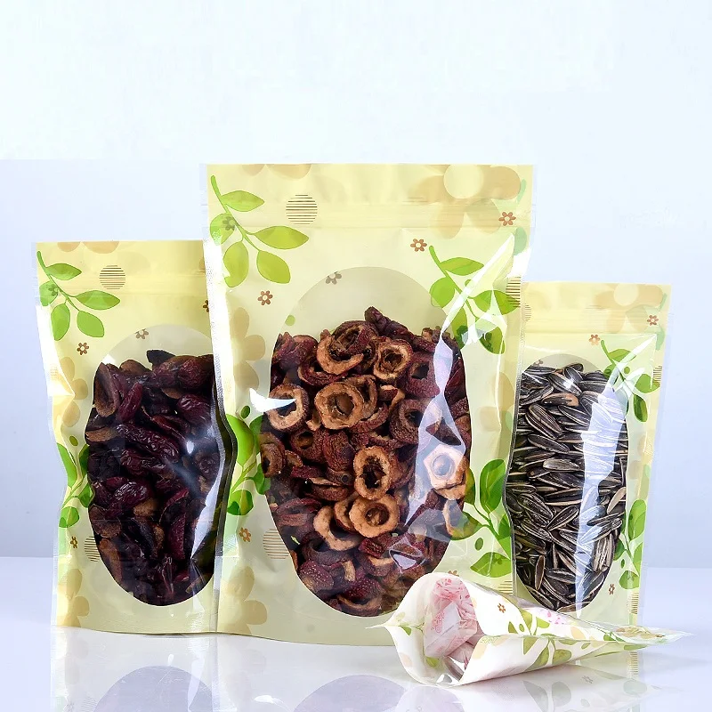 1000Pcs Retail Plastic Ziplock Resealable Packing Bags Tea Dried Flower Fruit Storage Clear Poly Packaging Bag With Leaf Print