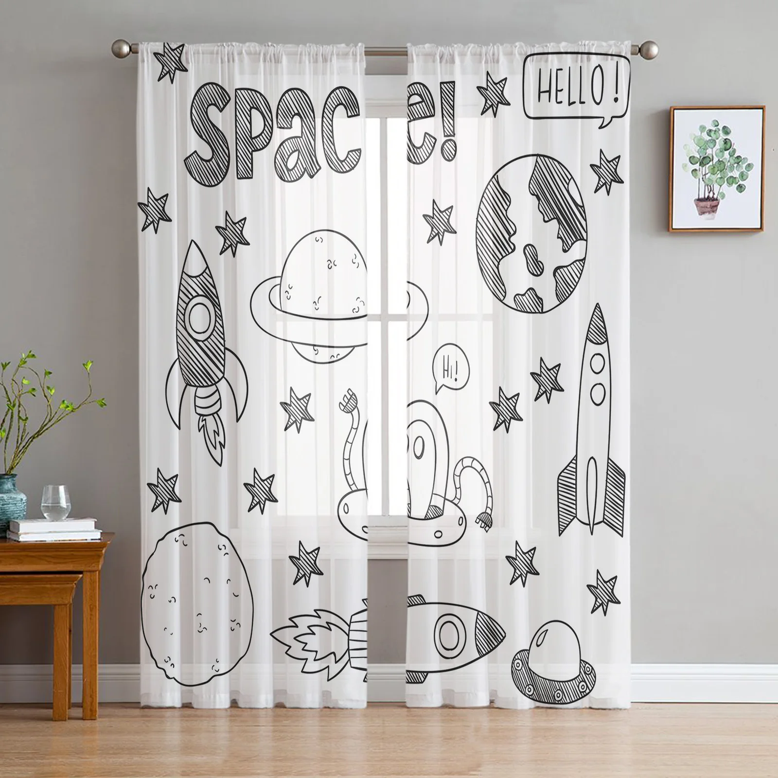 Comic Space Airship Rocket Curtain Window Tulle For Living Room Bedroom The Kitchen Window Treatment Decorations Curtains