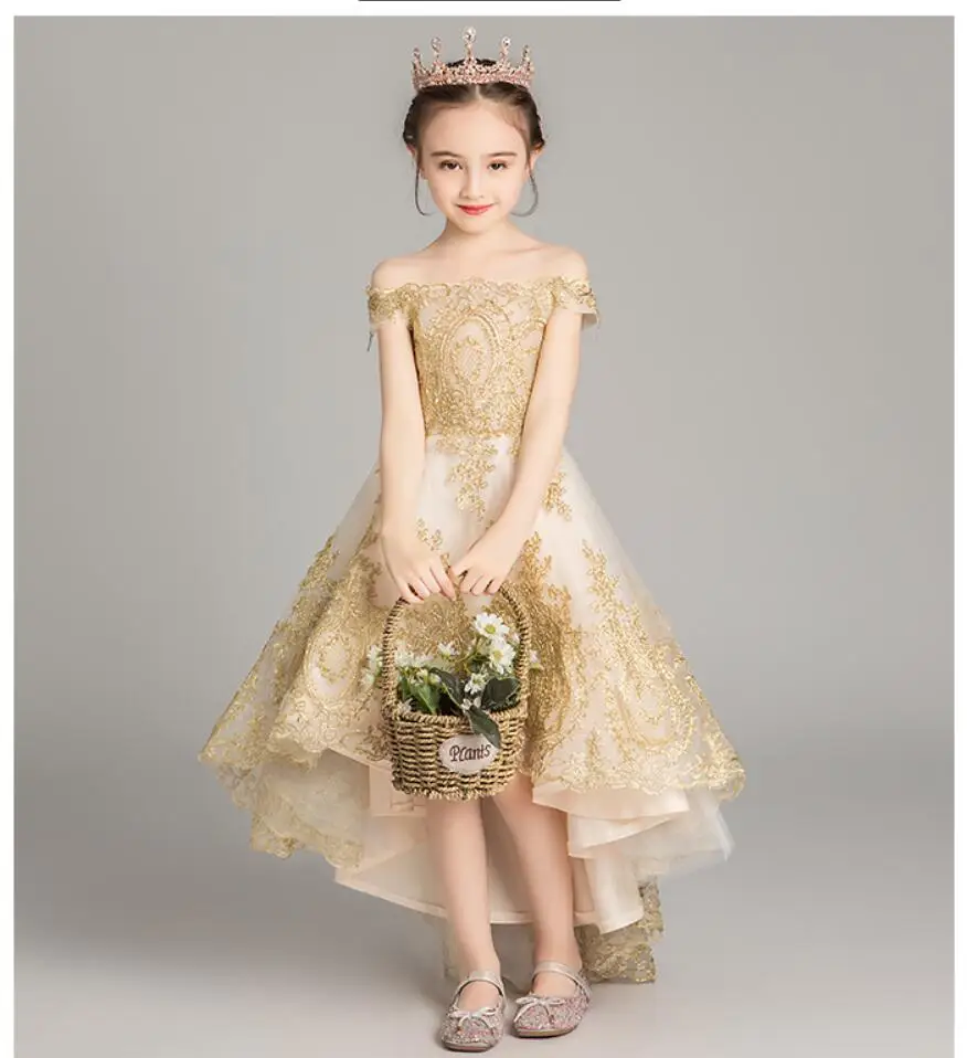 Golden Sequin Lace Girl Princess Party Dress Off Shoulder Birthday Wedding Clothes Girl Pageant Prom Dresses Flower Girl Dress