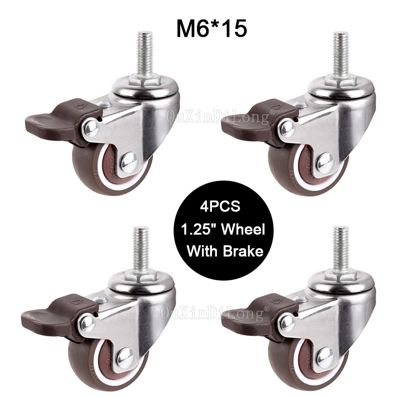 

Brand New 4PCS 1.25Inches Swivel Wheels Castors Rubber Super Mute Furniture Casters w Brake Max Loading 60KG/4PCS