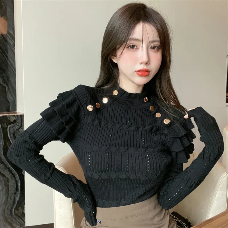 Full Sleeve Turtleneck Buttons Sweater Jumpers Girls Stretchy Chic Ruffles Autumn Spring Sweaters Pullovers Tops Women