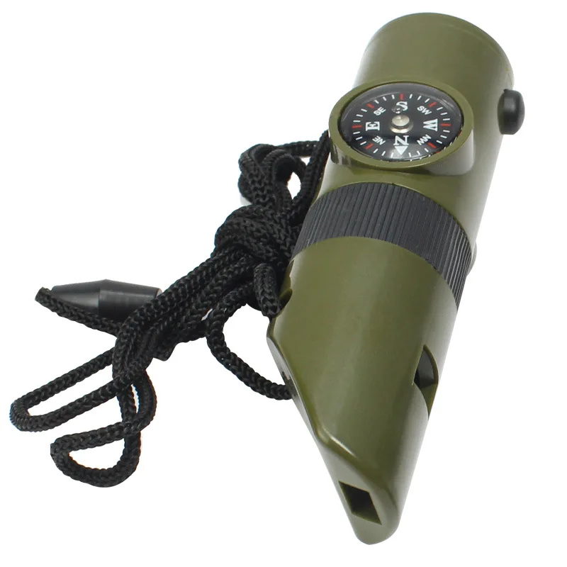 7 In 1 Survival Whistle Compass Thermometer Mirror Torch Magnifier Outdoor Tactical Camping Hiking Emergency Training Tools