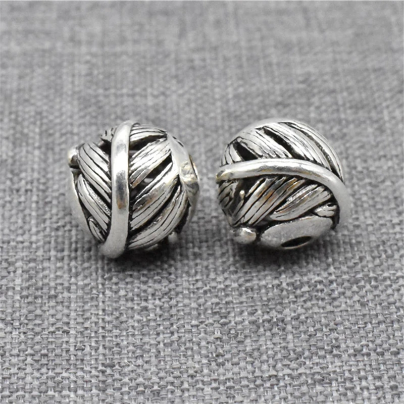 2pcs of 925 Sterling Silver Twist Feather Round Beads for Necklace Bracelet