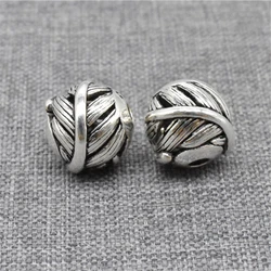 925 Sterling Silver Twist Feather Round Bead for Necklace Bracelet, 1 piece