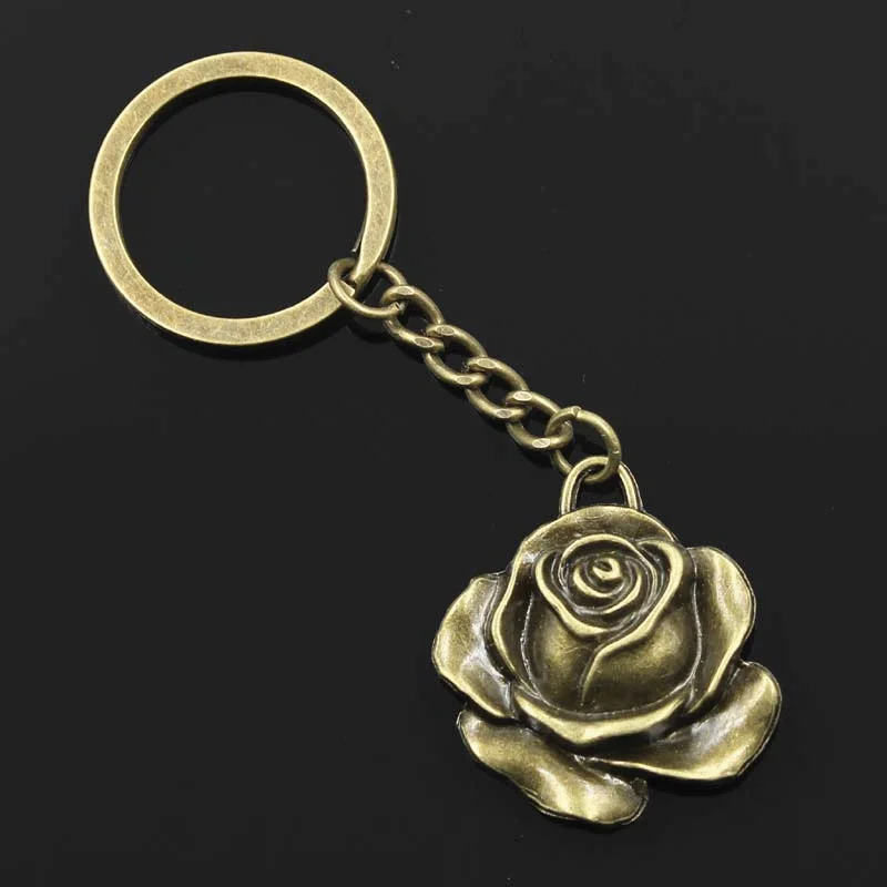 New Fashion Men 30mm Keychain DIY Metal Holder Chain Vintage Rose Flower 36x33mm Silver Color Pendant Gift