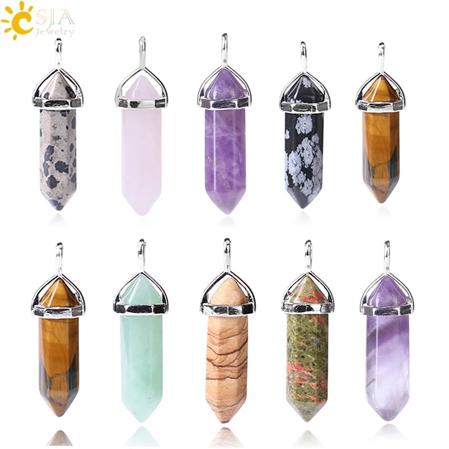 CSJA Bullet Natural Stone Pendant Real Purple Crystal Men Women Chakra Gem Stones Quartz Aventurine Pendants Jewelry  E001