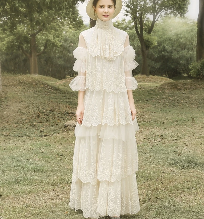 

#1097 Elegant Simple Vintage Victoria Long Sleeve Floor Length High Neck Bohemian Tiered A-Line Wedding Dress Bridal Gowns