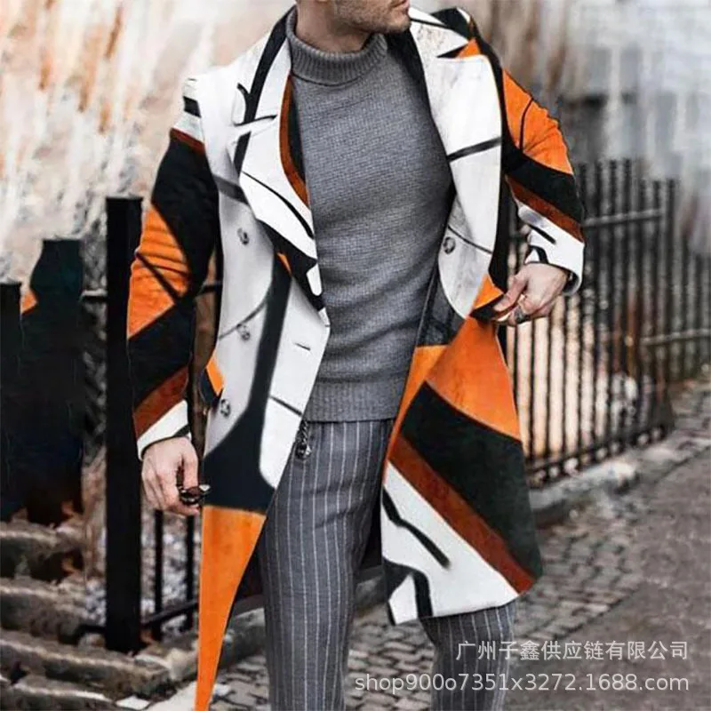 Woolen Coat Windbreaker Mens Winter Lapel Medium And Long Print Fashion Jacket Men's Slim Fit Long Coat Man Coat Homme Plus Size