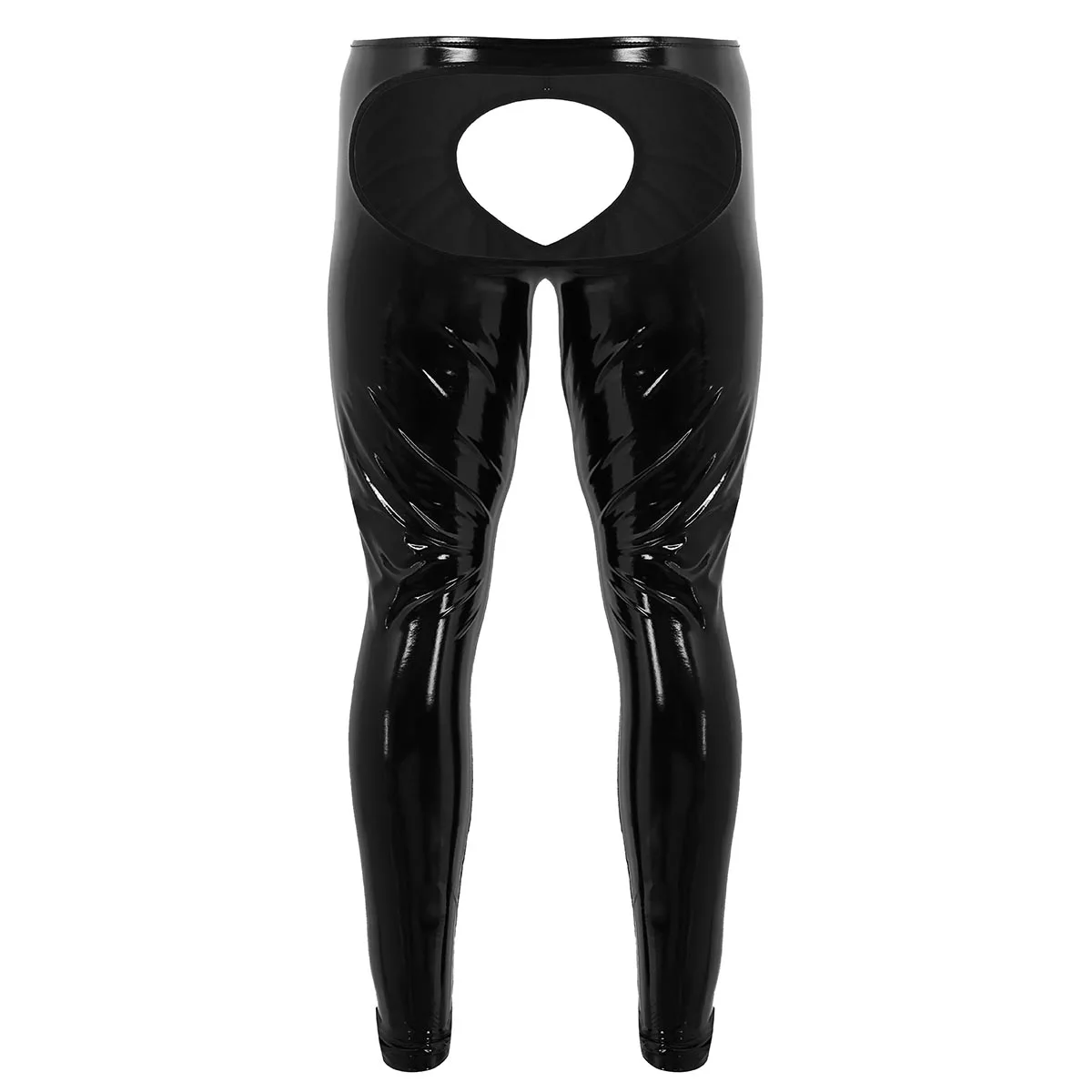 Czarne męskie spodnie lateksowe Sexy otwarte tyłek krocza Wetlook skórzane legginsy gejów erotyczne obcisłe bielizna klub nocny taniec na rurze