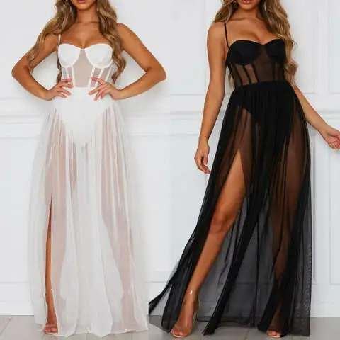 

Women Sexy See-through Bodycon Spaghetti Strap Long Dress Elastic Summer High Waist Party Beach Sundress Bodysuit