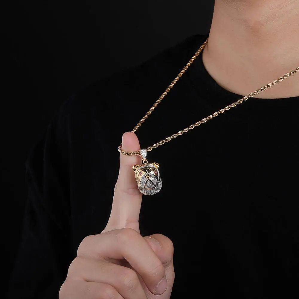 TOPGRILLZ Hip Hop Dog Head Necklace Pendant Charm For Men Women Gold Silver Color Cubic Zircon Jewelry Gifts
