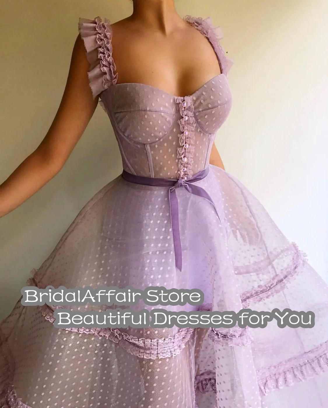 BridalAffair Lavender Tulle Maxi Prom Dresses Spaghetti Straps Floor Length A Line Wedding Party Dresses Open Back Evening Gowns