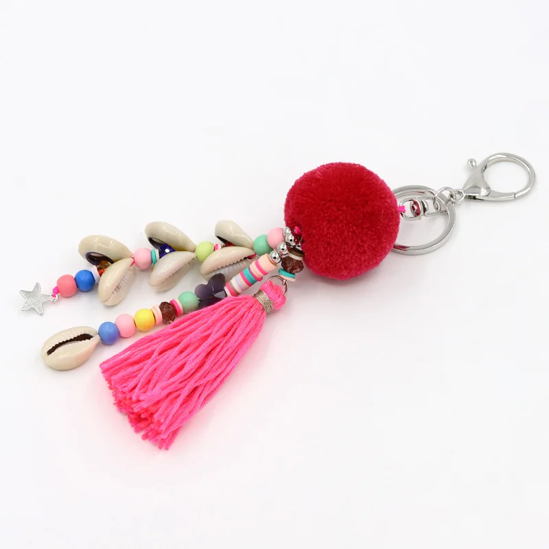 Mode Schmuck Keychain Frauen Tasche Dekoration Zubehör Böhmischen Auto Anhänger Shell Quaste Pompom Perlen Schlüssel ketten – Detail 4