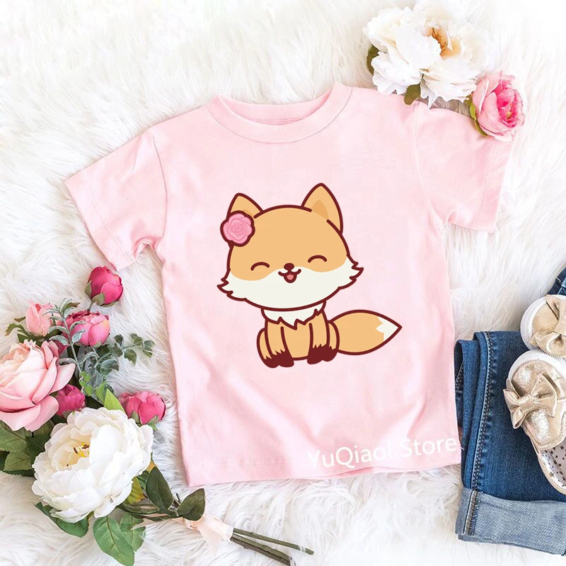 

Cute Smiling Fox/Unicorn/Bear/Pig Animal Print Kids Pink T-Shirt Summer Baby Toddler Teen Girls Clothes Top Children's T Shirt