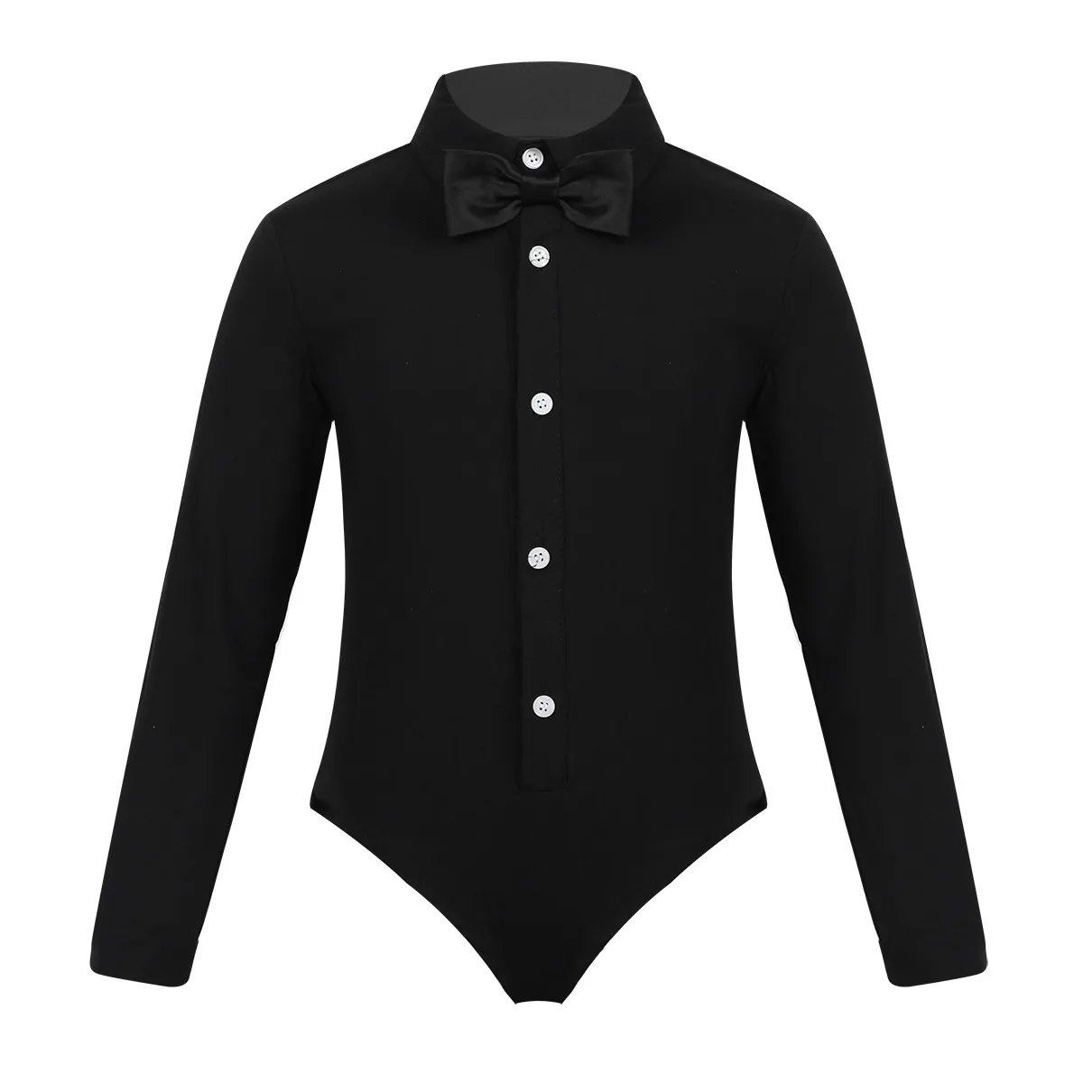 Kids Boys Latin Modern Dance Shirt with Bowtie Romper Gentleman Shirt Long Sleeves Leotard Bodysuit Jazz Dance Costumes Outfit