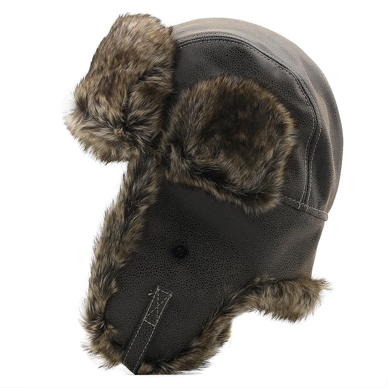 Hot Bomber Hats Winter Men Warm Russian Ushanka Hat with Ear Flap Pu Leather Fur Trapper Cap Earflap