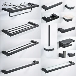 Falangshi 304 Stainless Steel Bathroom Hardware Set High Quality Towel Rack Paper Holder Bathroom Shelf Hooks Black Color WB8838