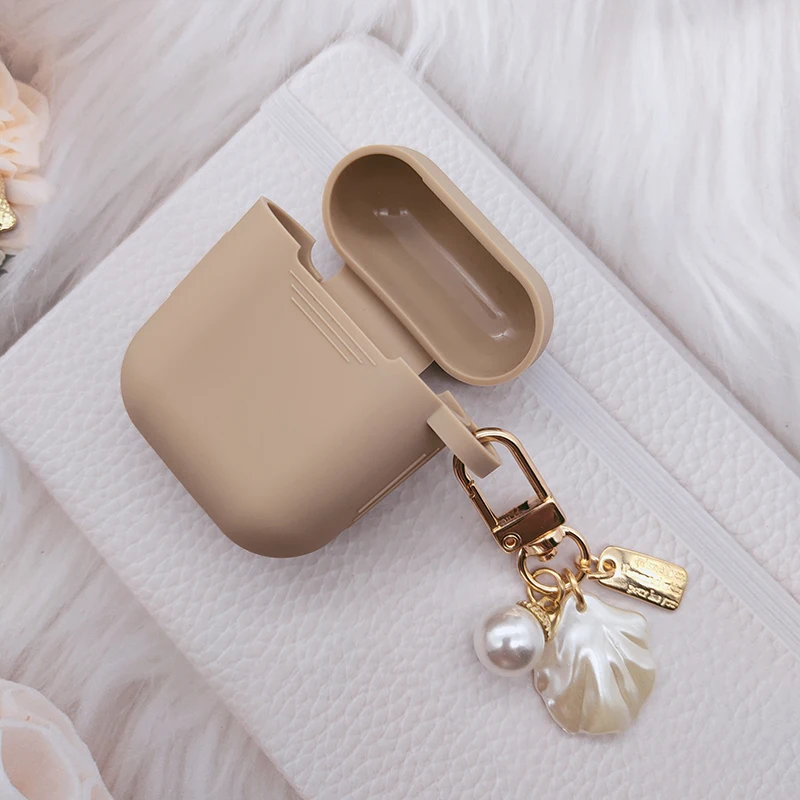 AirPods用の豪華なパールシェルペンダント装飾、ワイヤレスシリコンイヤホンケース、かわいい金属製キーホルダー付きカバー、3 pro2,4