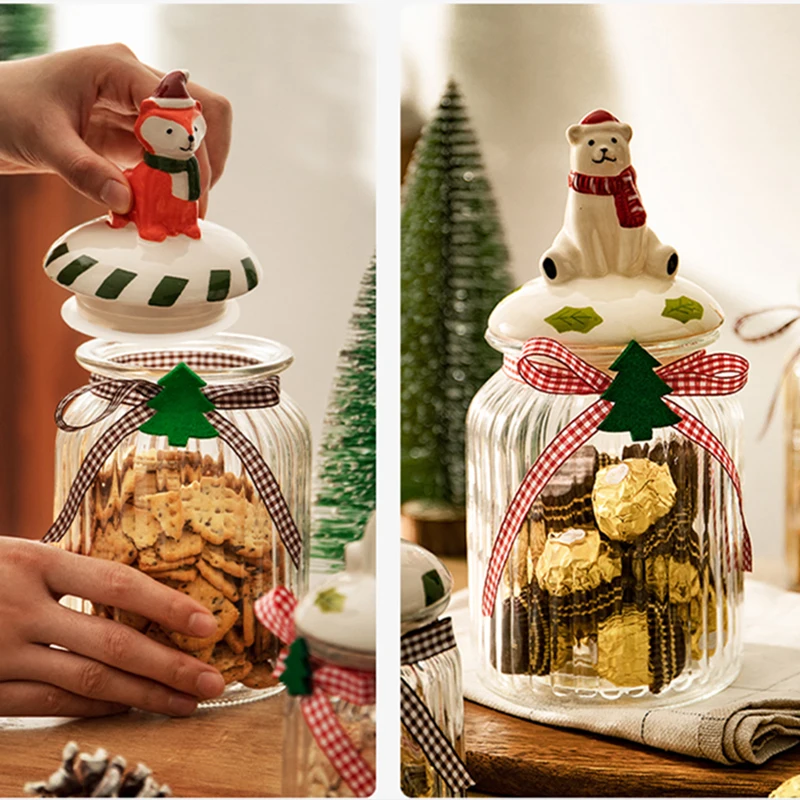 Christmas Candy Jar Glass Vertical Pattern Sealed Jar Gifts Snack Nut Chocolate Storage Box Food Grade Glass Storage Jar Bottle