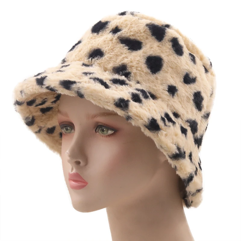 New Winter Leopard Print Faux Fur Plush Bucket Hats For Women Outdoor Warm Sun Hat Soft Velvet Fisherman Cap Lady Fashion Panama