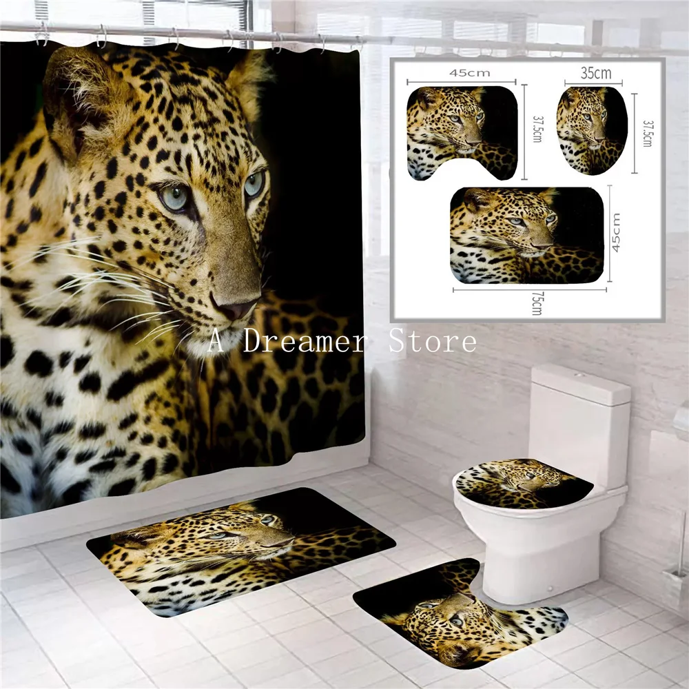 Leopard Black Animal Cheetah Bathroom Shower Curtain Set  Toilet Mat Lid Rug Curtain Sets With12 Hooks 180x180cm 1Pc/3/4Pcs