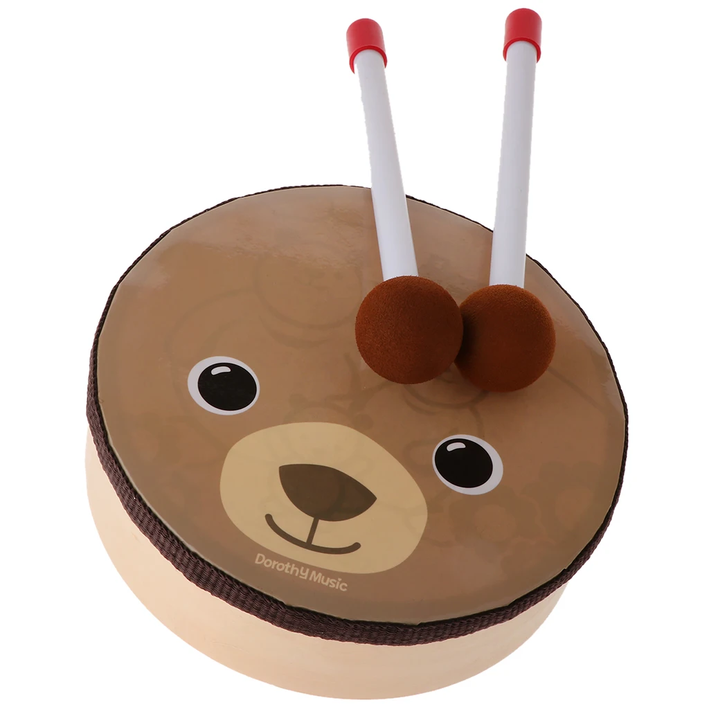 Tambor con patrón de oso de dibujos animados para niños, instrumento de percusión con palos de tambor, correa, Juguete Musical