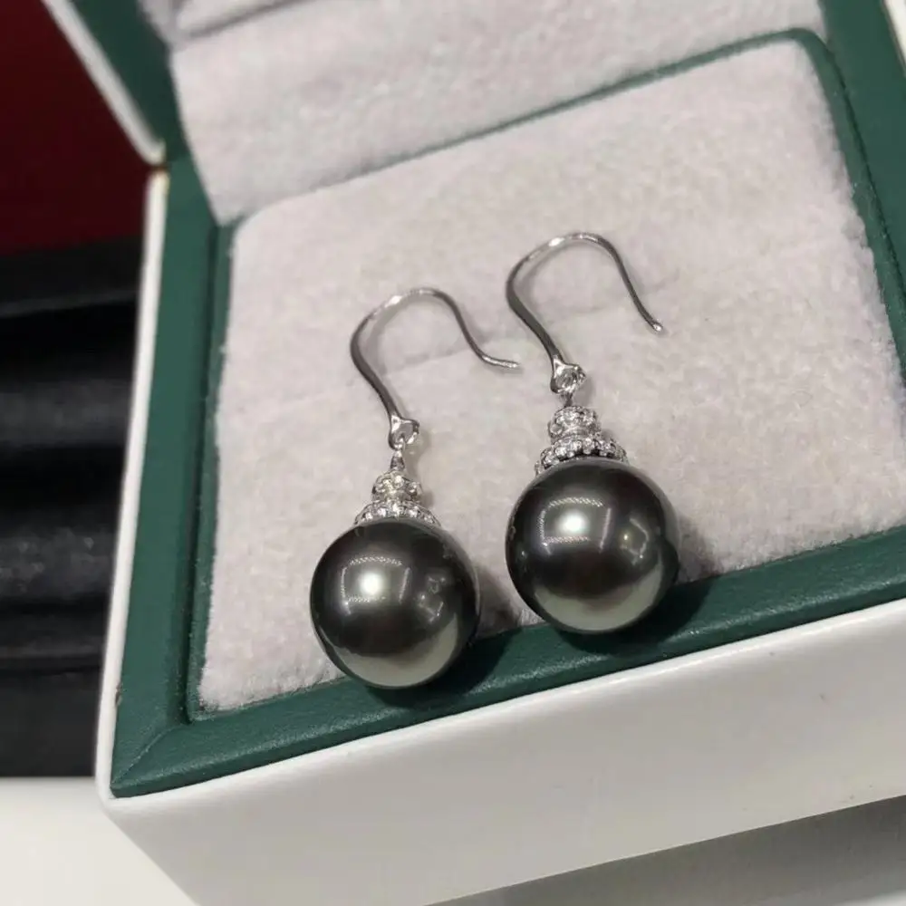 

D527 Pearl Earrings Fine Jewelry 925 Stelring Silver Round 8-9mm Fresh Water Peacock Green Black Pearls Drop Dangle Earrings