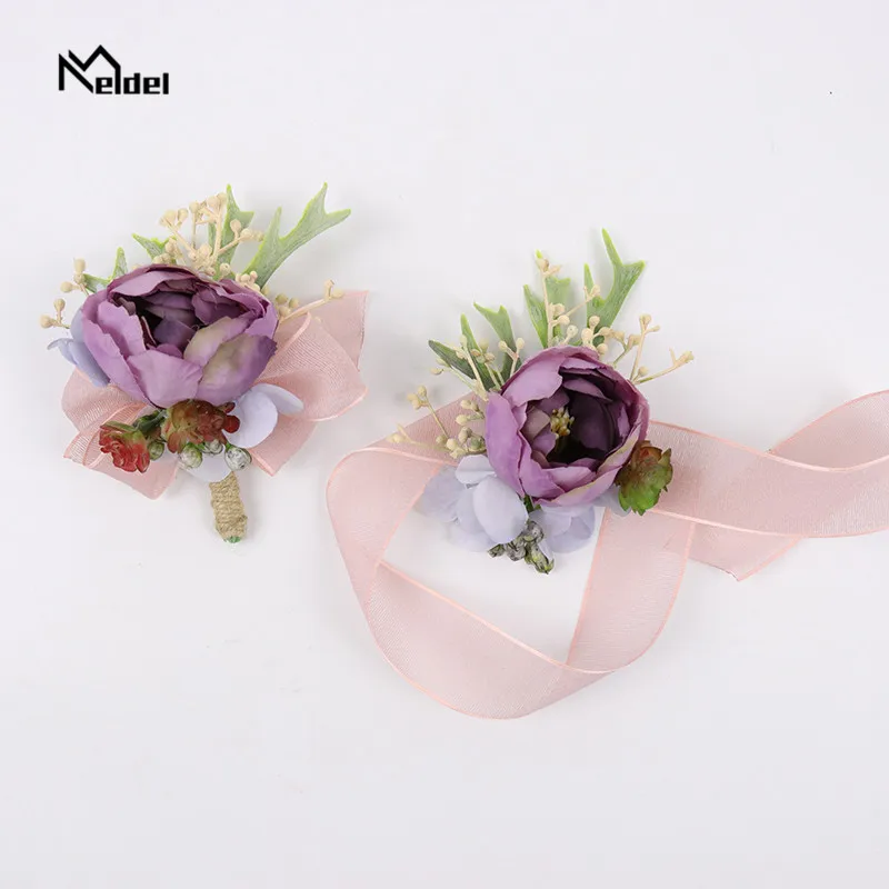 แต่งงาน Boutonniere และนาฬิกาข้อมือดอกไม้สำหรับเจ้าสาวเจ้าบ่าว Boutonniere สำหรับ Mariage พรหมสีม่วง Rose นาฬิกาข้อมือสตรีมือดอกไม้