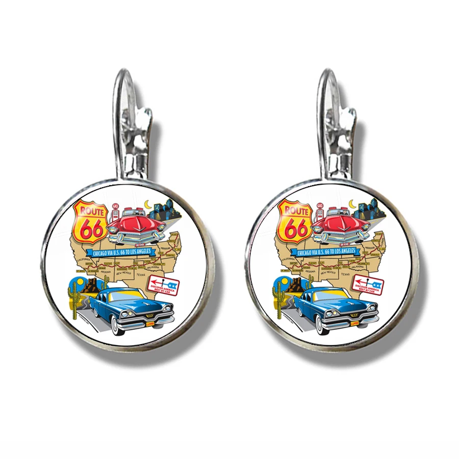Fashion Motorcycles Pattern French Hook Earrings US Flag Route 66 Design 16mm Glass Cabochon Jewelry For Women Girls Gift
