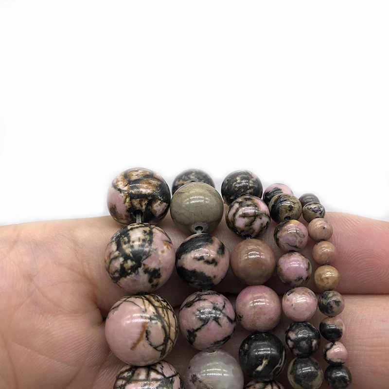 Natural Black Line Rhodochrosite Stone Round Loose Beads For Jewelry Making  DIY Bracelet Necklace 4/6/8/10/12 mm Strand 15\'\'