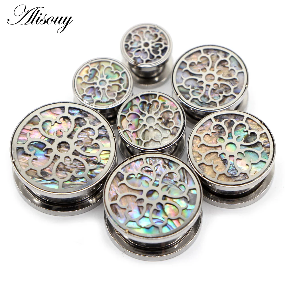 Alisouy 2pcs Flower Net Ear Tunnels Stretching Stainless Steel Earring Gauges Plugs Flared Screw Expander Body Piercing Jewelry image 4