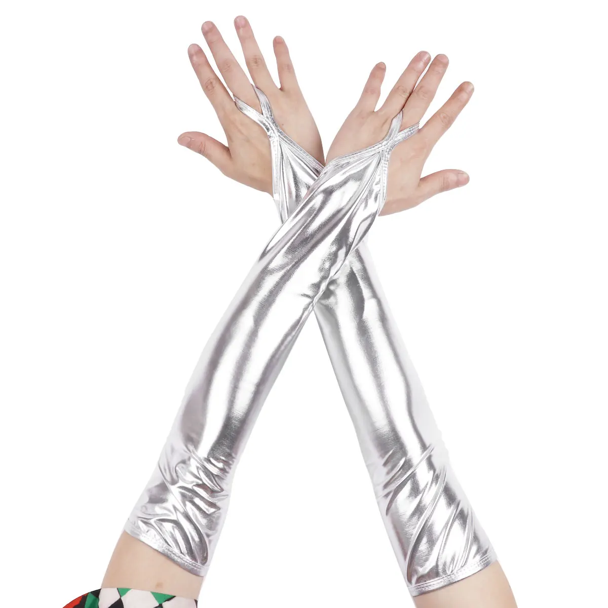 Sexy Metallic Fingerless Gloves Womens Elbow Length Party Dance Mittens Cosplay Night Club Dancewear Accessory Shiny Long Gloves